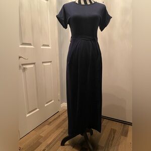 Navy Blue Faux Wrap Dress With Belt